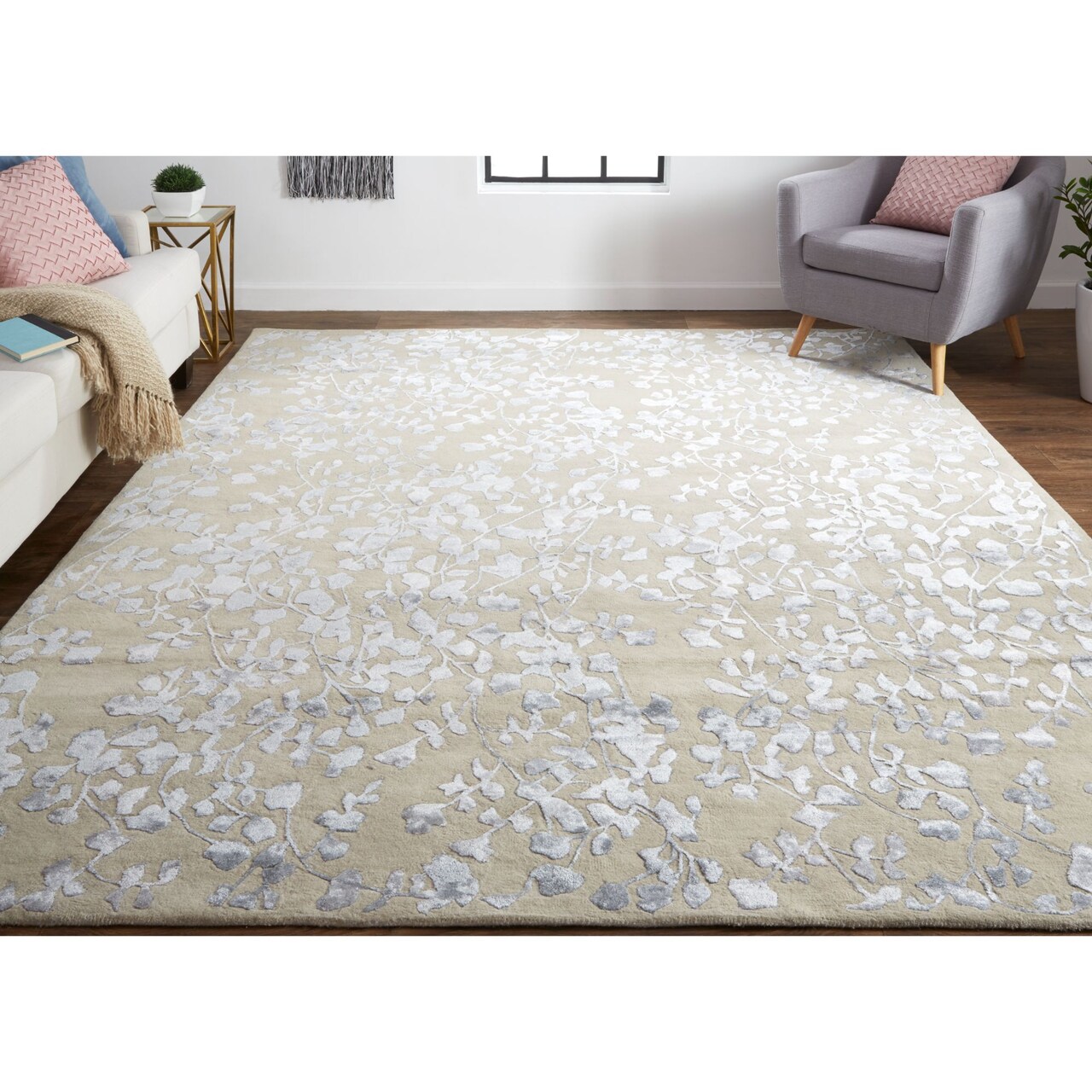Feizy Home Collection 2' x 3' Beige and Silver Floral Hand Tufted Rectangular Wool Area Throw Rug